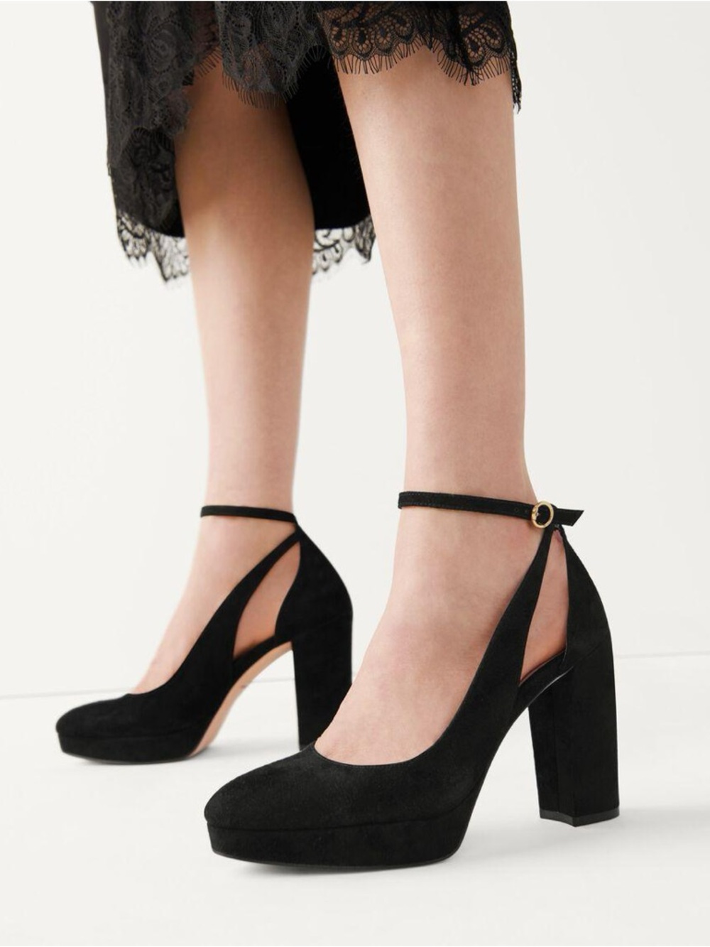 Cole Haan Remi Black Satin Ankle-Strap Block Heels